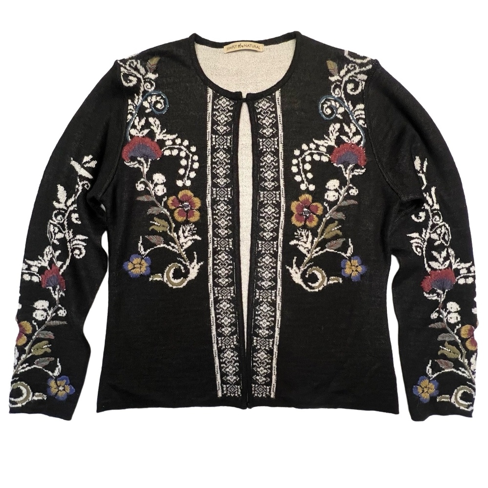 Simply Natural Alpaca Blend Floral Peruvian‎ Embroidery Cardigan Sweater Size L